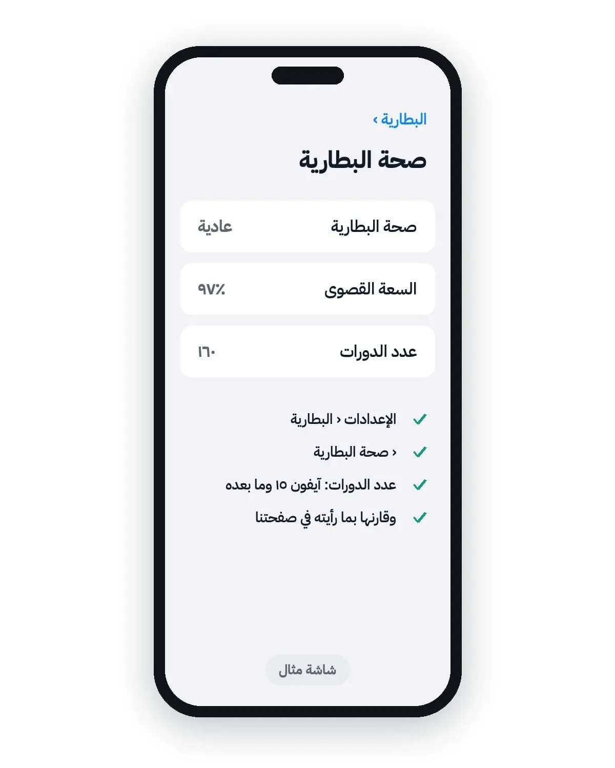 في الآيفون افتح الإعدادات ‹ البطارية ‹ صحة البطارية، وفي آيفون 15 وما بعده ستجد عدد الدورات في الشاشة نفسها. يجب أن تقارب الأرقام ما رأيته في صفحتنا، وإن لم تقتنع فلديك 14 يوماً من الاستلام لإرجاع الجوال مجاناً.